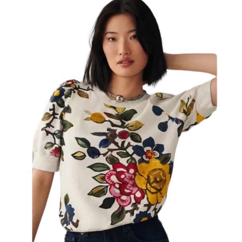 T.La Anthropologie NEW Puff-Sleeved Pullover Floral Top Size M